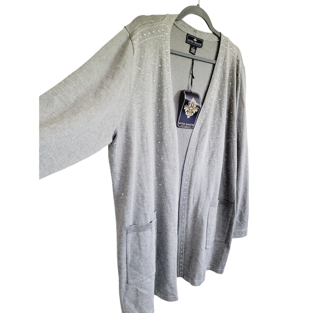 Seven Manor NYC 2X Open‎ Cardigan Size 2X Heather Gray Beaded Accents Pocket NWT